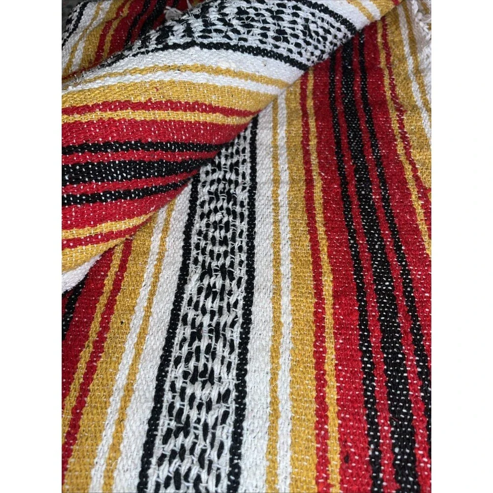 Red  Yellow Black Stripe  Rug Throw Blanket With Fringe Mexico 48 X 70